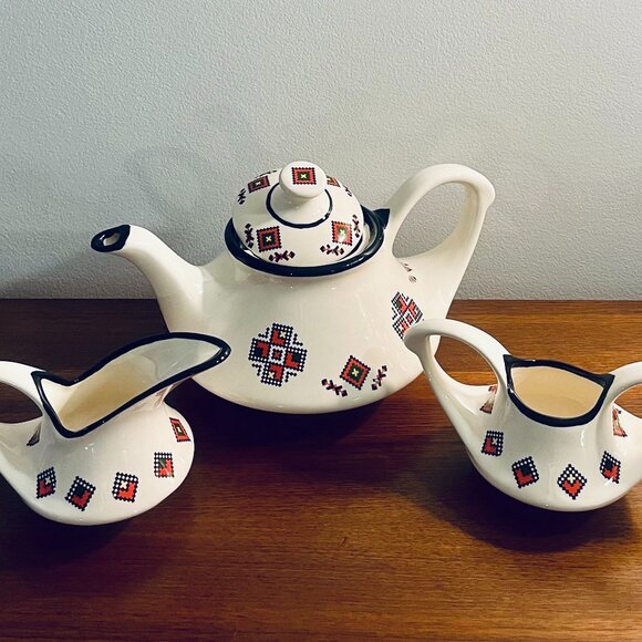 Vintage Cross Stich Pattern Porcelain 3 Piece Tea Set Genie Bottle Design